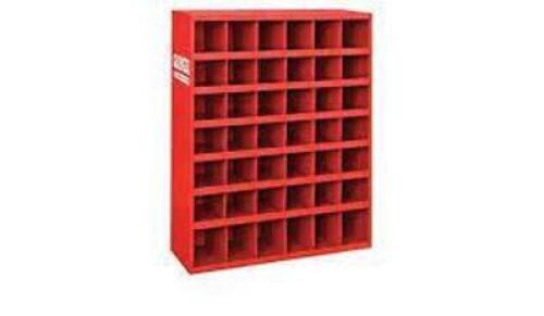 DESCRIPTION: (1) PIGEONHOLE BIN UNIT BRAND/MODEL: DURHAM #49H241 INFORMATION: RED RETAIL$: $316.39 EA SIZE: 34 IN X 12 IN X 42 IN, 42 COMPARTMENTS, 5