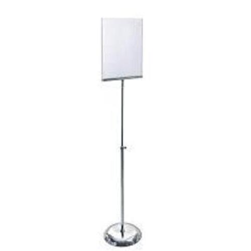 DESCRIPTION: (1) TWO SIDED SIGN HOLDER STAND PEDESTAL, ON SQUARE METAL BASE BRAND/MODEL: AZAR #00863 INFORMATION: METAL, WITH CLEAR SIGN HOLDER RETAIL