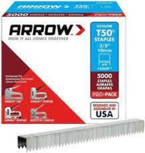 DESCRIPTION: (5) PACKS OF T50 STAPLES BRAND/MODEL: ARROW #506IP RETAIL$: $20.84 EA SIZE: 3/8 STAPLES 5000 PER PACK QTY: 5
