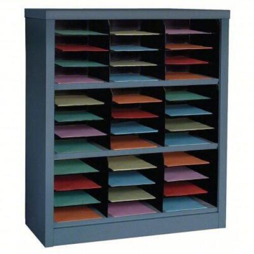 DESCRIPTION: (1) HORIZONTAL LITERATURE MAIL ORGANIZERBRAND/MODEL: PRODUCT NUMBER #5CRY3INFORMATION: GRAY, STEEL, 36 COMPARTMENTSRETAIL$: $238.93 EASIZE: 42"HQTY: 1