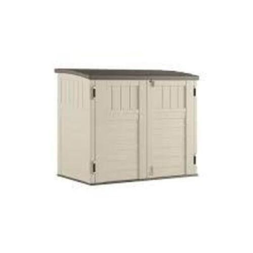 DESCRIPTION: (1) HORIZONTAL STORAGE SHEDBRAND/MODEL: SUNCAST #BMS2500INFORMATION: WHITE AND GRAYRETAIL$: $299.99 EASIZE: 34 CU FT,&nbsp;2 ft. 8 in. x 4 ft. 5 in. x 3 ft. 9.5 in.QTY: 1