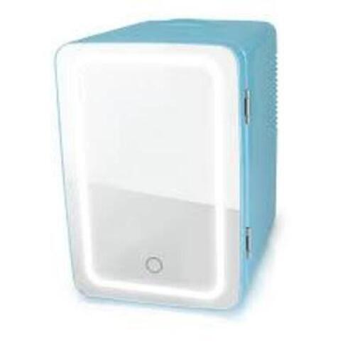 DESCRIPTION: (1) LIGHTED MINI FRIDGE WITH MIRROR DOOR BRAND/MODEL: PERSONAL CHILLER INFORMATION: BLUE RETAIL$: $40.00 EA SIZE: 6 CAN CHILLER QTY: 1