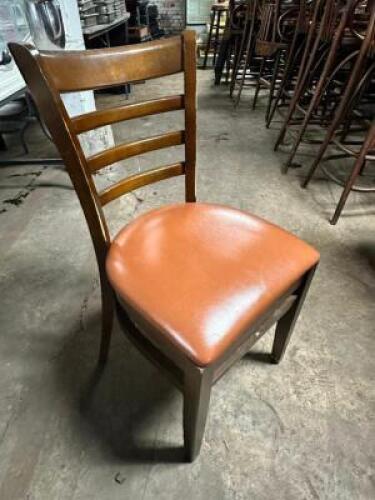 DESCRIPTION: (8) LADDER BACK WOODEN CHAIRS W/ BROWN SEAT CUSHIONS ADDITIONAL INFORMATION IN GOOD CONDITION LOCATION: BAY 7 THIS LOT IS: SOLD BY THE PI