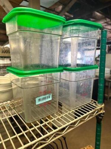 DESCRIPTION: (4) 4 QT PLASTIC CONTAINERS W/ LIDS SIZE 4 QT LOCATION: BAY 7 THIS LOT IS: SOLD BY THE PIECE QTY: 4