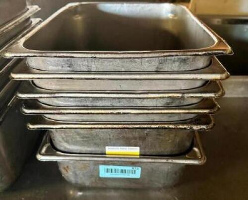 DESCRIPTION: (6) HALF SIZE STAINLESS INSERTS SIZE 6" DEEP LOCATION: BAY 7 THIS LOT IS: SOLD BY THE PIECE QTY: 6