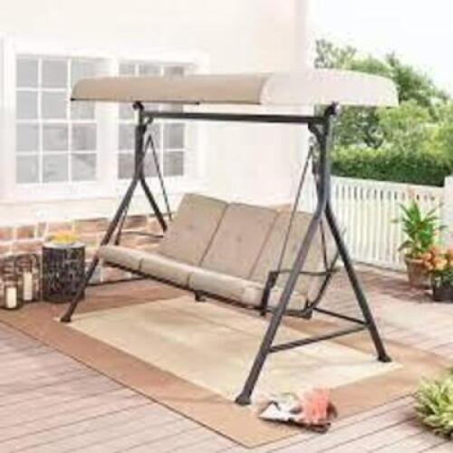 DESCRIPTION: (1) 3 PERSON STEEL PORCH SWING BRAND/MODEL: MAINSTAYS INFORMATION: BEIGE RETAIL$: $200.00 EA SIZE: MUST COME INSPECT FOR ALL PIECES QTY: