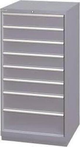 DESCRIPTION: (1) STATIONARY FULL HEIGHT MODULAR DRAWER CABINET BRAND/MODEL: LISTA INFORMATION: BLUEISH GRAY RETAIL$: 2544 SIZE: 17" X 28.5" X 33.5" QT