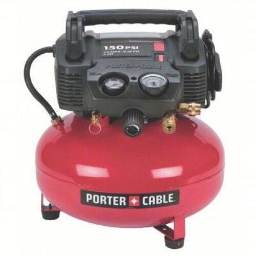 DESCRIPTION: (1) PORTABLE AIR COMPRESSOR BRAND/MODEL: PORTER CABLE #1VAN5 RETAIL$: $215.97 EA SIZE: OIL FREE, 6 GAL, PANCAKE, 0.8 HP, 2.6 CFM @ 90 PSI