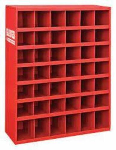 DESCRIPTION: (1) PIGEONHOLE BIN UNIT BRAND/MODEL: DURHAM #49H241 INFORMATION: RED RETAIL$: $316.39 EA SIZE: 34 IN X 12 IN X 42 IN, 42 COMPARTMENTS, 5