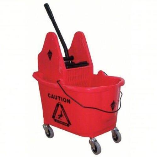 DESCRIPTION: (1) MOP BUCKET AND WRINGER BRAND/MODEL: TOUGH GUY #5CJK2 INFORMATION: RED RETAIL$: $134.37 EA SIZE: 8-3/4 GAL, DOWN PRESS, PLASTIC, 34 3/