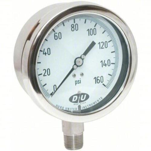 DESCRIPTION: (1) INDUSTRIAL PRESSURE GAUGE BRAND/MODEL: DURO #5RPK6 RETAIL$: $220.03 EA SIZE: 0 TO 160 PSI, 4 1/2 IN DIAL, 1/2 IN NPT MALE, BOTTOM, �0
