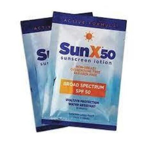 DESCRIPTION: (1) BOX OF APPROX (300) PACKS OF SUNSCREEN BRAND/MODEL: SUN X #18-918G INFORMATION: 50 SPF RETAIL$: $179.39 TOTAL SIZE: SINGLE USE PACKET