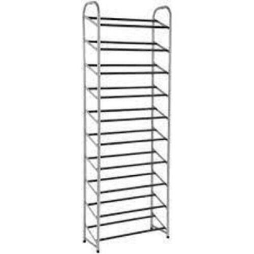 DESCRIPTION: (1) 10 TIER SHOE RACK STORAGE BRAND/MODEL: MAINSTAYS #124799.16R INFORMATION: SILVER AND BLACK RETAIL$: $32.97 EA SIZE: 10-TIER QTY: 1