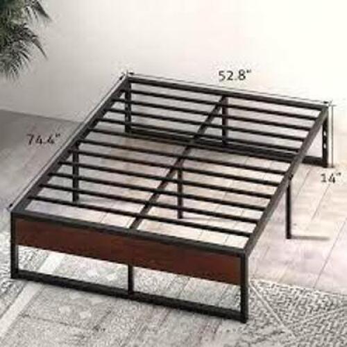 DESCRIPTION: (1) METAL PLATFORM BED FRAME WITH WOODEN HEADBOARD AND FOOTBOARD BRAND/MODEL: SHA CERLIN #SHF04-14 INFORMATION: BLACK AND BROWN RETAIL$: