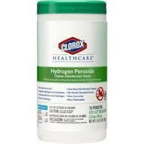 DESCRIPTION: (2) HYDROGEN PEROXIDE CLEANER DISINFECTANT WIPES BRAND/MODEL: CLOROX HEALTHCARE RETAIL$: $65.99 EA SIZE: 185 WIPES PER CANISTER QTY: 2