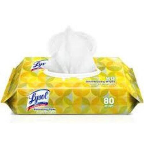 DESCRIPTION: (6) DISINFECTANT WIPES BRAND/MODEL: LYSOL BRAND 2 INFORMATION: LEMON RETAIL$: $10.00 EA SIZE: 80 WIPES QTY: 6