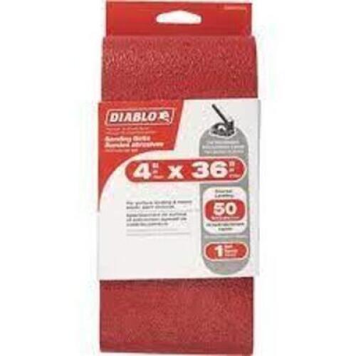 DESCRIPTION: (5) SANDING BELTS BRAND/MODEL: DIABLO #DCB436050S01G INFORMATION: RED RETAIL$: $13.26 PER BELT SIZE: 4" X 36" QTY: 5