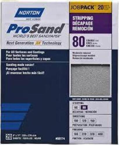 DESCRIPTION: (4) PACKS OF (20) SHEETS OF PROSAND SANDPAPER SHEETS BRAND/MODEL: NORTON INFORMATION: 80 COARSE GRIT RETAIL$: $31.93 PER PACK OF 20 QTY: