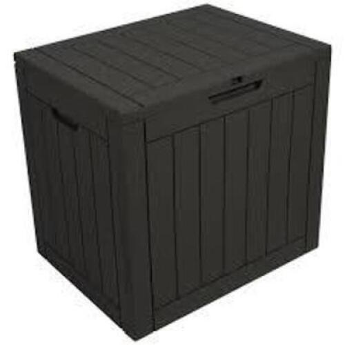 DESCRIPTION: (1) PLASTIC DECK BOX BRAND/MODEL: STOUTSTUFF INFORMATION: BLACK/BROWN RETAIL$: $52.99 EA SIZE: 31 GAL QTY: 1