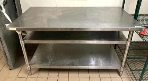DESCRIPTION: 60" STAINLESS STEEL TABLE WITH (2) STAINLESS UNDERSHELVES SIZE: 60"X30"X34.5" LOCATION: KITCHEN QTY: 1