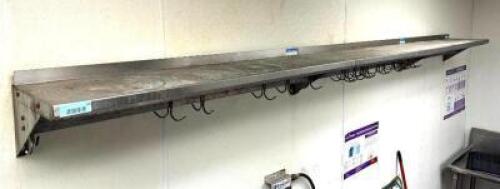 DESCRIPTION: WALL MOUNT STAINLESS STEEL SHELVING UNIT WITH POT RACK ATTACHMENT AND HOOKS SIZE: 3-SEPARATE PIECES LOCATION: KITCHEN QTY: 1