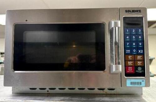 DESCRIPTION: 1000W STACKABLE COMMERCIAL MICROWAVE WITH LARGE INTERIOR AND PUSH BUTTON CONTROLS BRAND/MODEL: SOLWAVE 180MW112T LOCATION: KITCHEN QTY: 1