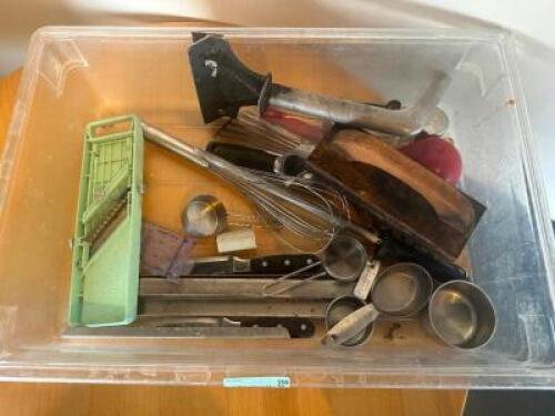 LARGE CONTAINER FILLED WITH ASSORTED KITCHEN UNTENSILS AND FOOD PREP TOOLS