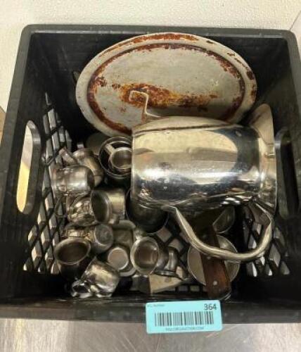 DESCRIPTION: BIN OF ASSORTED STAINLESS CREAMERS AND TEA POTS LOCATION: KITCHEN QTY: 1