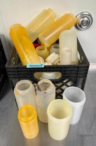 DESCRIPTION: BIN OF ASSORTED CONDIMENT SQUEEZE BOTTLES AS SHOWN LOCATION: KITCHEN QTY: 1