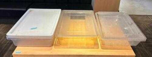 DESCRIPTION: (3) ASSORTED PLASTIC BINS WITH LIDS LOCATION: MAIN DINING QTY: 3
