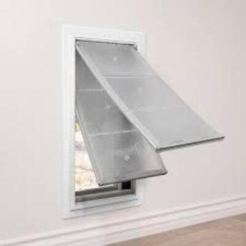 DESCRIPTION: ENDURA DOUBLE FLAP WALL MOUNT PET DOOR-WHITE (NEW) BRAND/MODEL: ENDURA RETAIL$: $829.99 LOCATION WAREHOUSE #1 MEZZANINE