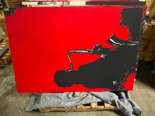 DESCRIPTION 72" X 48" ACOUSTICAL SOUND PANEL W/ CUSTOM FABRIC COVERING. SAXX PLAYER RED ADDITIONAL INFORMATION CUSTOM MADE. COST $900 PER PANEL LOCATI