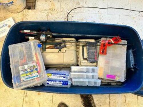 DESCRIPTION: PLASTIC TOTE AND CONTENTS - LARGE ASSORTMENT OF FISHING GEAR. LOCATION: BUILDING 5 QTY: 1