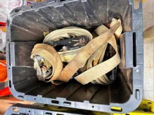 DESCRIPTION: 12 GALLON PLASTIC CONTAINER W/ CONTENTS - (2) SETS OF HEAVY DUTY STRAPS. LOCATION: BUILDING 5 QTY: 1