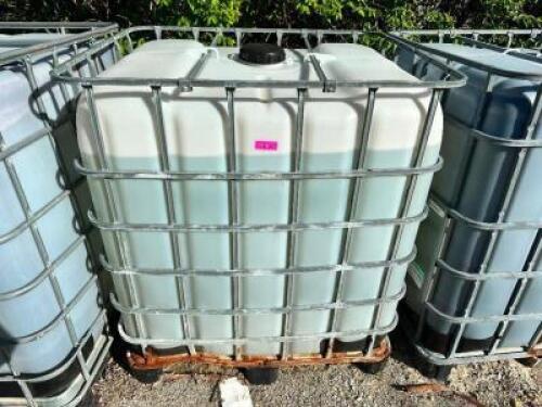 DESCRIPTION: 275 GALLON LIQUID SHIPPING TOTE W/ CAGE. W/ CONTENTS - BRINE ADDITIONAL INFORMATION WINNING BIDDER CANNOT DRAIN CONTENTS ON SITE. MIST RE