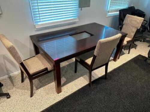 DESCRIPTION: 72" X 40" WOOD DINING ROOM TABLE W/ (3) CHAIRS SIZE 72" X 40" LOCATION: OFFICE QTY: 1
