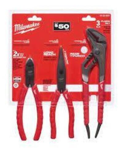 DESCRIPTION: (1) SET OF (3) COMFORT GRIP PLIERS BRAND/MODEL: MILWAUKEE #48-22-6331 INFORMATION: RED HANDLES RETAIL$: $46.97 TOTAL SIZE: 7" DIAGONAL CU