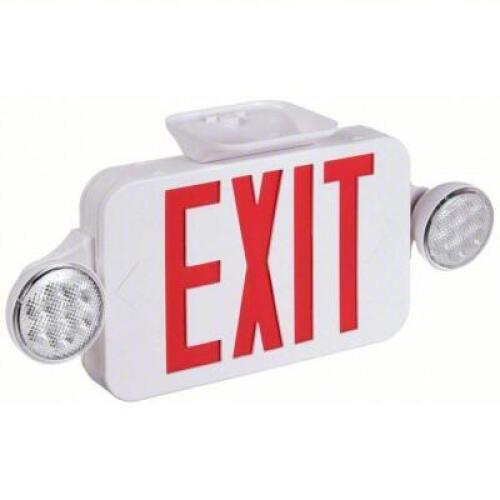 DESCRIPTION: (2) EXIT SIGN WITH EMERGENCY LIGHTS BRAND/MODEL: COMPASS #32WU20 INFORMATION: WHITE WITH RED RETAIL$: $103.81 EA SIZE: LED, CEILING/WALL,
