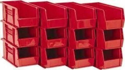 DESCRIPTION: (9) STACKING STORAGE BIN BRAND/MODEL: QUANTUM STORAGE #QUS230RD INFORMATION: RED RETAIL$: $89.94 TOTAL SIZE: 10-7/8" LENGTH X 5-1/2" WIDT