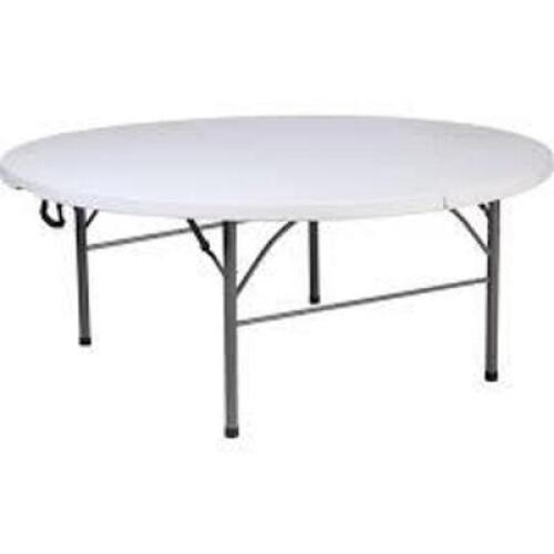 DESCRIPTION: (1) ROUND BI-FOLD PLASTIC TABLE BRAND/MODEL: FLASH FURNITURE #DAD-183RFH-GG INFORMATION: GRANITE WHITE RETAIL$: $245.13 EA SIZE: 72" QTY:
