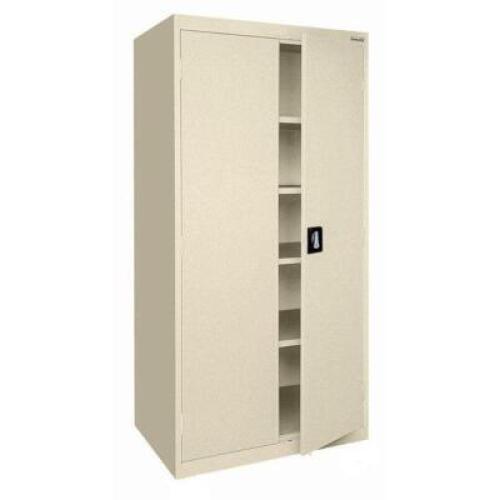 DESCRIPTION: (1) STORAGE CABINET WITH RECESSED HANDLE, LOCKING, WITH HANGING BAR AND ADJUSTABLE SHELVES BRAND/MODEL: SANDUSKY INFORMATION: BEIGE-PUTTY