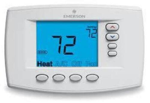 DESCRIPTION: (1) BLUE LIGHT EASY READER PROGRAMMABLE THERMOSTAT BRAND/MODEL: EMERSON #1F95EZ-0671 INFORMATION: WHITE RETAIL$: $114.59 EA SIZE: 6 SQ IN