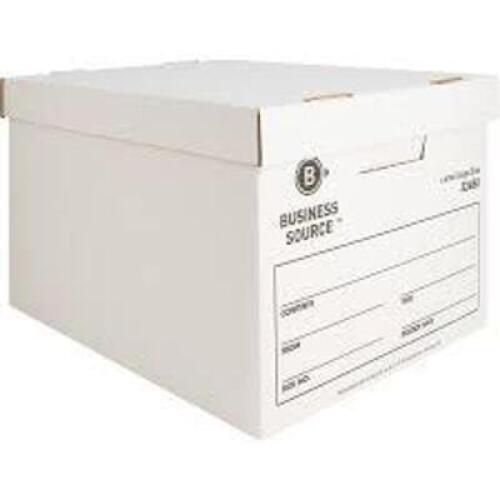 DESCRIPTION: (24) STORAGE BOXES BRAND/MODEL: BUSINESS SOURCE #32450 INFORMATION: WHITE RETAIL$: $87.88 TOTAL SIZE: LETTER/LEGAL SIZE QTY: 24