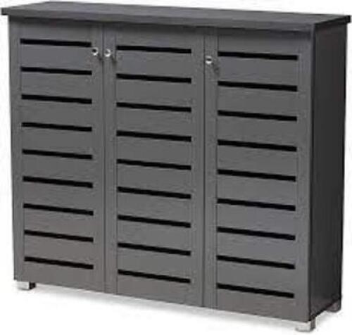 DESCRIPTION: (1) SHOE STORAGE CABINETBRAND/MODEL: BAXTON STUDIO #SC864572BINFORMATION: GREYSIZE:&nbsp;29.95W x 13.1D x 37.4H&nbsp;RETAIL$: $138.99 EAQTY: 1