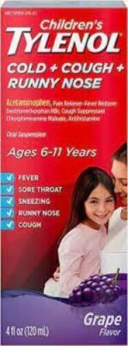 DESCRIPTION: (3) CHILDREN'S ACETAMINOPHEN, COUGH COLD AND RUNNY NOSE BRAND/MODEL: TYLENOL INFORMATION: GRAPE RETAIL$: $10.49 EA SIZE: 4 FL OZ QTY: 3