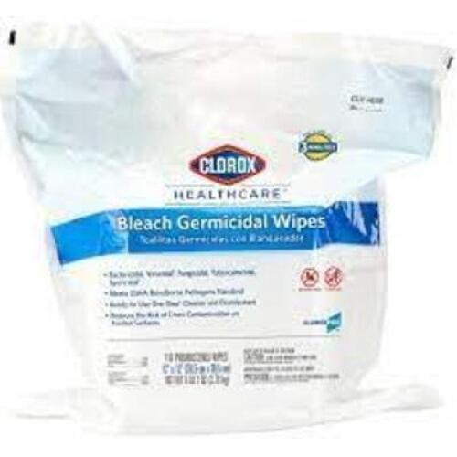 DESCRIPTION: (2) BAGS OF HEALTHCARE BLEACH GERMICIDAL WIPES REFILL BRAND/MODEL: CLOROX #30359 RETAIL$: $50.00 EA SIZE: 110 WIPES QTY: 2