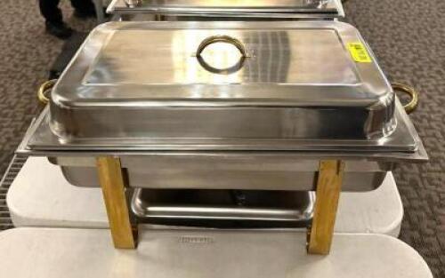 DESCRIPTION: STAINLESS CHAFING DISH WITH GOLD TRIM LOCATION: MAIN HALL QTY: 1