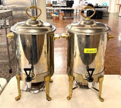 DESCRIPTION: (2) STAINLESS BEVERAGE DISPENSERS WITH GOLD TRIM LOCATION: MAIN HALL QTY: 2