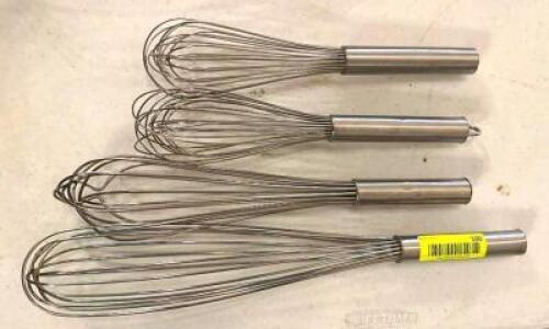 DESCRIPTION: (4) ASSORTED SIZED STAINLESS WHISKS SIZE: SEE PHOTOS LOCATION: MAIN HALL QTY: 4