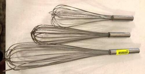 DESCRIPTION: (3) ASSORTED SIZED STAINLESS WHISKS SIZE: SEE PHOTOS LOCATION: MAIN HALL QTY: 3